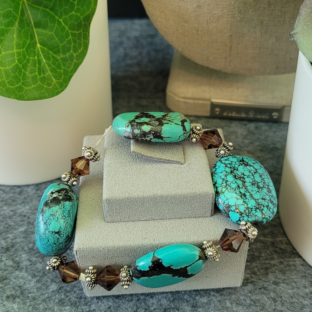 Southwestern Turquoise Color Stone Stretch Bracelet Statement Floral Spacers